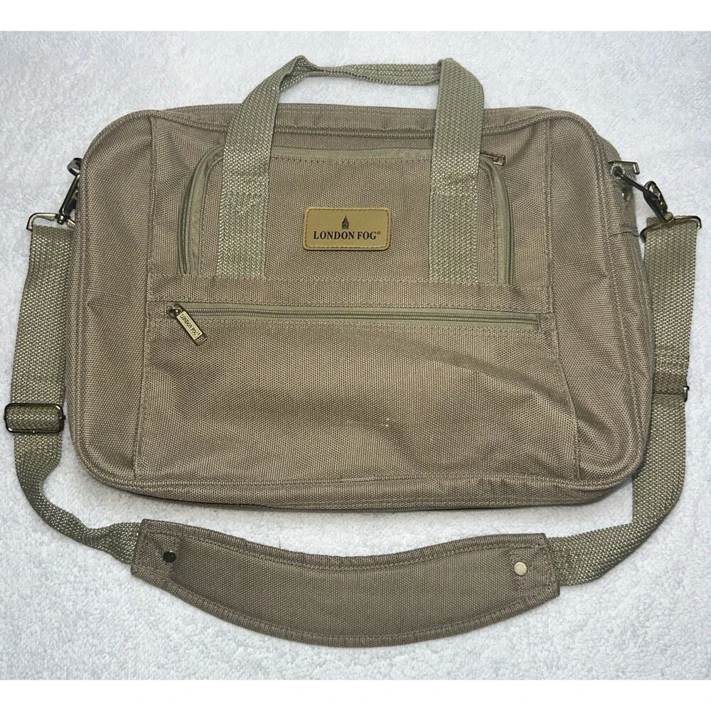 London Fog Messenger Laptop Bag Khaki Canvas W/Shoulder Strap 4 Zipper Pockets